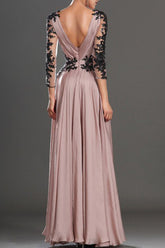 Classic Chiffon Long Sleeve V-Neck Lace Prom Dresses Evening Dresses